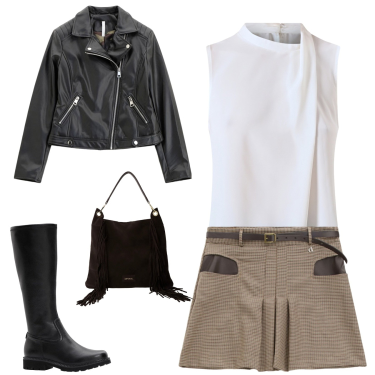 Outfit donna - Shopping con le amiche. Stile Trendy per Tutti i giorni. Abbinamento con stivali, minigonne, top, blazer, borse a spalla.