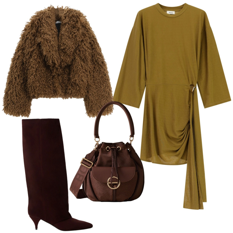 Outfit donna - Total look #2270469. Stile Chic per Serata fuori. Abbinamento con blazer, borse a secchiello, stivali, vestiti corti.