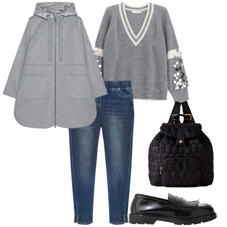 Outfit donna - Total look #2270470. Stile Casual per Tutti i giorni. Abbinamento con maglieria, mocassini, zaini, cappotti, jeggings.