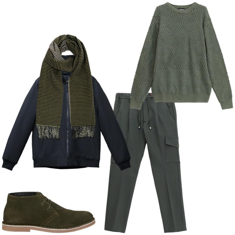 Outfit uomo - Total look #2270472. Stile Trendy per Ufficio. Abbinamento con giacche, pantaloni cargo, maglieria, stivali e stivaletti, sciarpe.