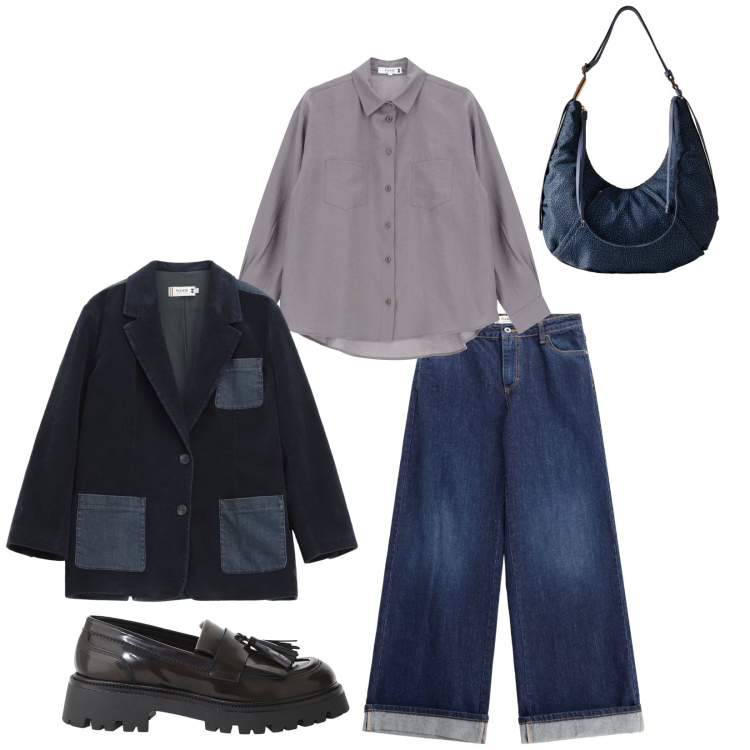 Outfit donna - Total look #2270473. Stile Casual chic per Tutti i giorni. Abbinamento con blazer, jeans, camicie, mocassini, borse a spalla.