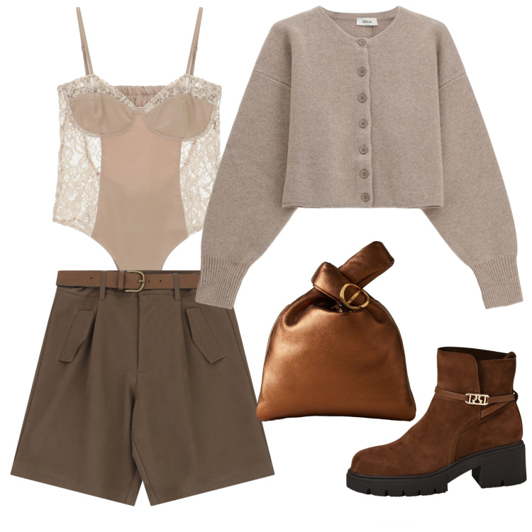 Outfit donna - Riflessi autunnali. Stile Casual Abbinamento con body, cardigans, shorts, borse a mano, stivaletti.