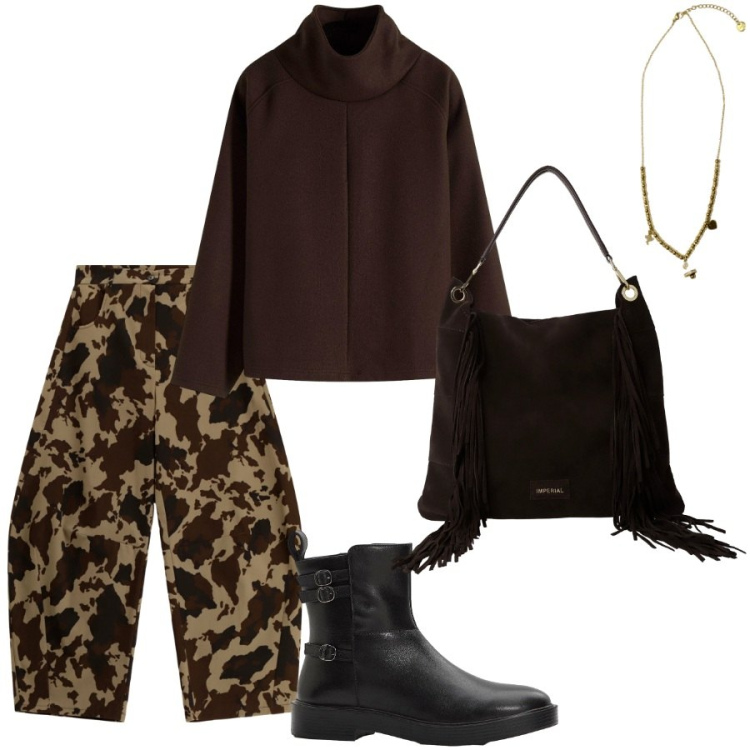 Outfit donna - Color cacao. Stile Casual per Tutti i giorni. Abbinamento con maglieria, stivaletti, pantaloni a palazzo, borse a spalla, ciondoli.
