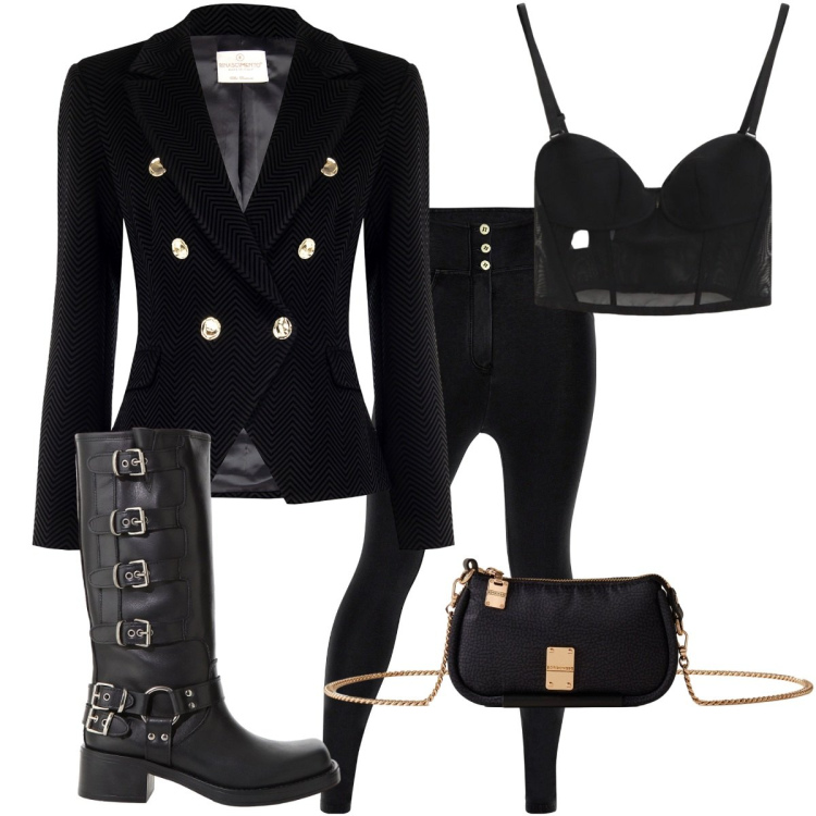 Outfit donna - Rock halloween. Stile Rock per Serata fuori. Abbinamento con stivali, borse a tracolla, blazer, top, jeggings.