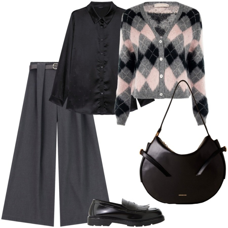 Outfit donna - Il classico cardigan a rombi. Stile Casual chic per Ufficio. Abbinamento con pantaloni, mocassini, borse a spalla, cardigans, camicie.