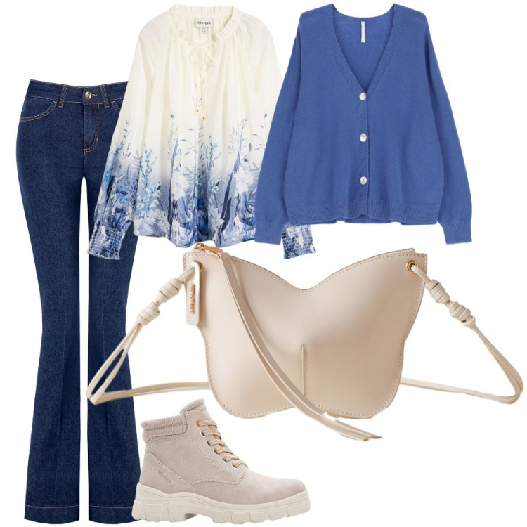 Outfit donna - Il blu reale. Stile Casual per Tutti i giorni. Abbinamento con bluse, stivaletti, borse a tracolla, jeans a zampa, cardigans.