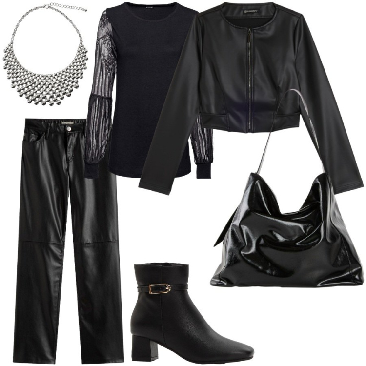 Outfit donna - Black lady. Stile Casual chic per Serata fuori. Abbinamento con shopping bag, bluse, pantaloni, stivaletti, collane, giacche.
