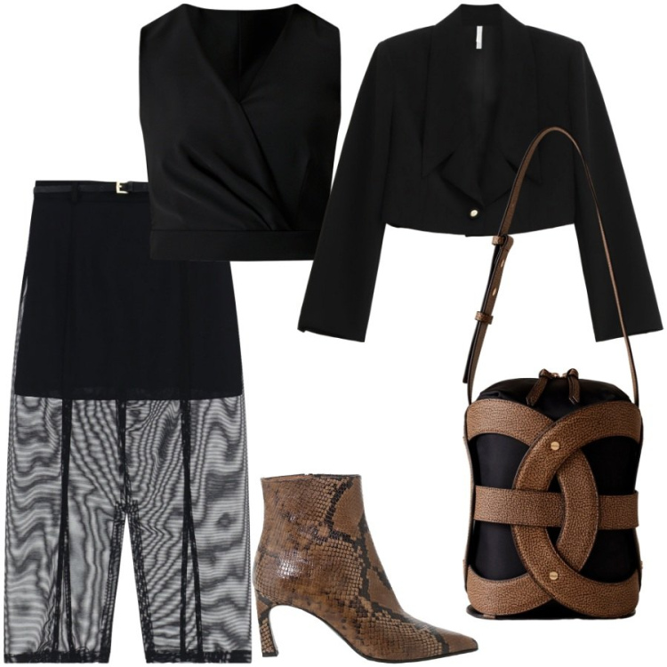 Outfit donna - Total look #2270497. Stile Chic per Serata fuori. Abbinamento con stivaletti, borse a secchiello, top, gonne longuette, blazer.