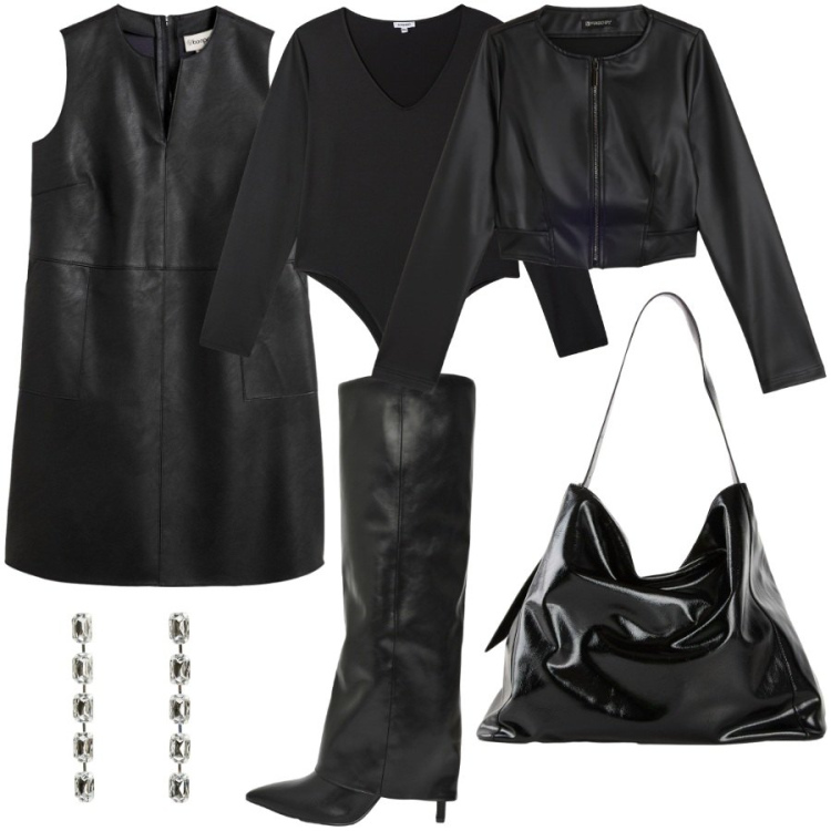 Outfit donna - Black is black. Stile Glamour per Serata fuori. Abbinamento con vestiti, shopping bag, stivali, body, orecchini, giacche.