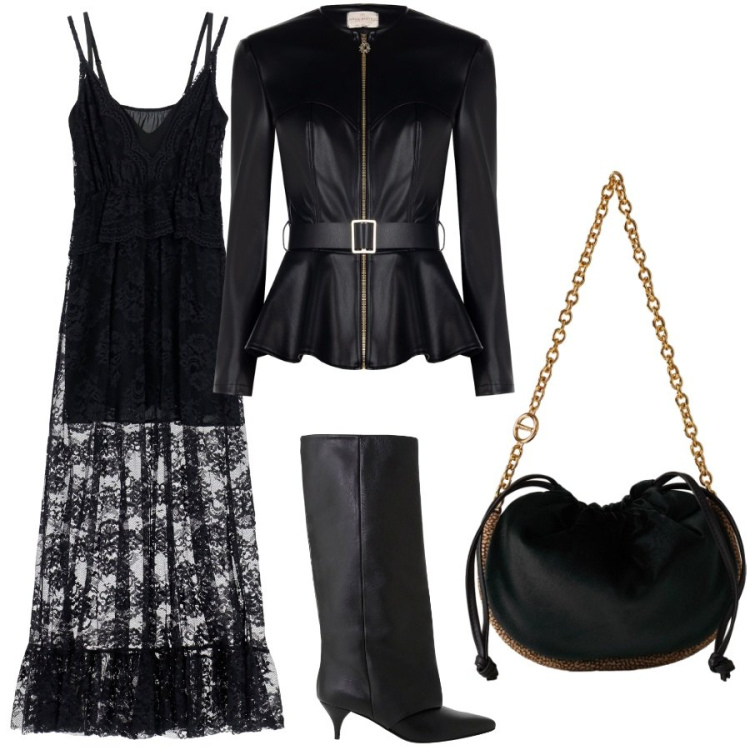 Outfit donna - Al ballo di halloween. Stile Glamour per Serata fuori. Abbinamento con borse a spalla, blazer, vestiti lunghi, stivali.