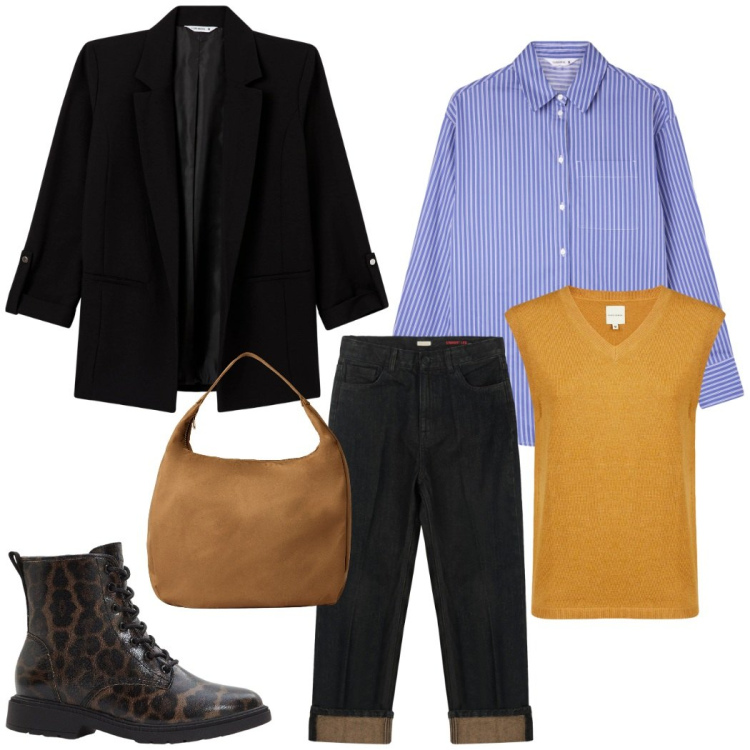 Outfit donna - Total look #2270501. Stile Casual chic per Ufficio. Abbinamento con stivaletti, blazer, borse a mano, camicie, jeans dritti, maglieria.