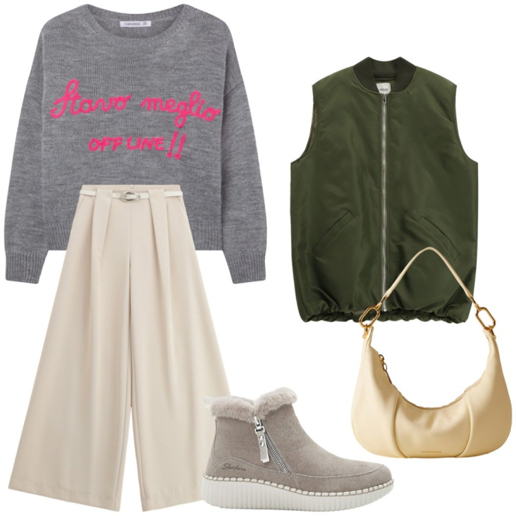 Outfit donna - Total look #2270503. Stile Casual chic per Tutti i giorni. Abbinamento con stivaletti, maglieria, piumini, borse a spalla, pantaloni a palazzo.