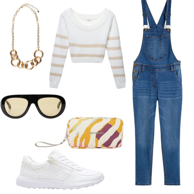 Outfit donna - Salopette. Stile Casual per Tutti i giorni. Abbinamento con sneakers, salopette, maglieria, occhiali da sole, valigie, collane.
