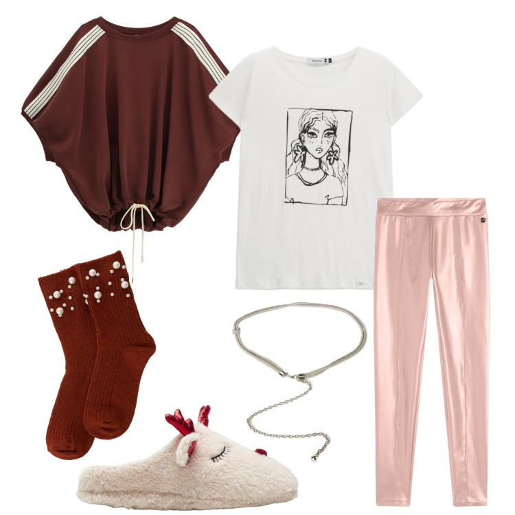 Outfit donna - Homewear. Stile Sporty chic per Tutti i giorni. Abbinamento con pantofole, t-shirt, calzini, bluse, treggings, cinture.