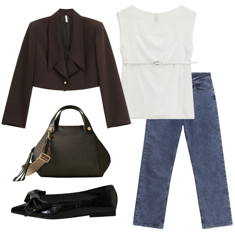 Outfit donna - Ufficio. Stile Casual chic per Ufficio. Abbinamento con ballerine, jeans dritti, top, blazer, borse a mano.