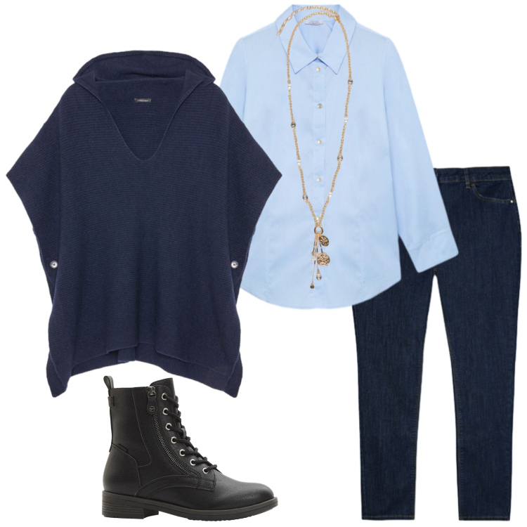 Outfit donna - Fiorella Rubino. Stile Urban per Tutti i giorni. Abbinamento con stivaletti, maglieria, camicie, ciondoli, jeans skinny.