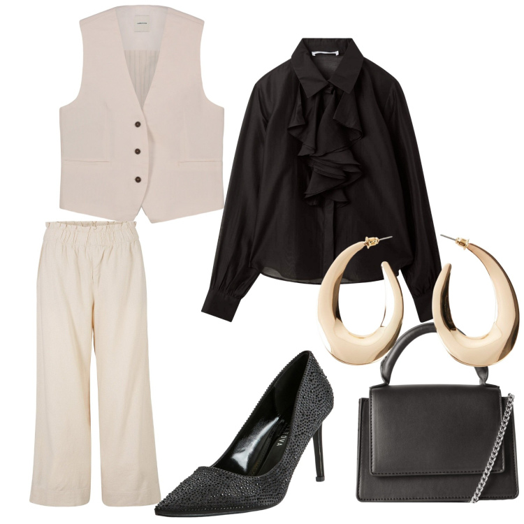 Outfit donna - Woma. Stile Chic per Ufficio. Abbinamento con pantaloni culotte, orecchini, décolleté, camicie, borse a tracolla, gilet.