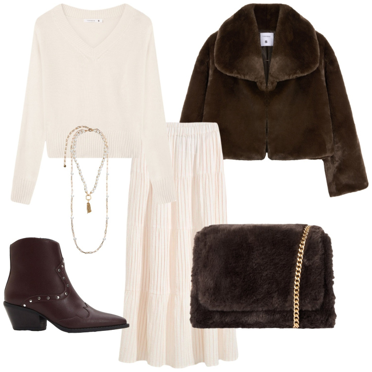 Outfit donna - Total look #2270523. Stile Glamour per Serata fuori. Abbinamento con gonne lunghe, stivaletti texani, maglieria, borse a tracolla, ecopellicce, collane.