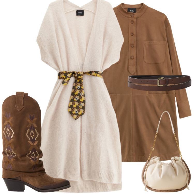 Outfit donna - Dixie time. Stile Casual chic per Tutti i giorni. Abbinamento con gilet, stivali, cinture, vestiti corti, borse a spalla.