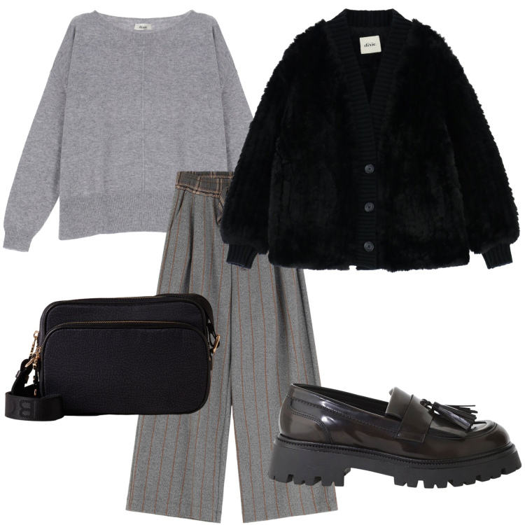 Outfit donna - Dixie time. Stile Urban per Tutti i giorni. Abbinamento con mocassini, pantaloni a palazzo, maglieria, blazer, borse a tracolla.