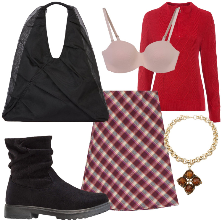 Outfit donna - Maglietta e gonna. Stile Basic per Tutti i giorni. Abbinamento con stivaletti, maglieria, reggiseni, gonne, collane, shopping bag.