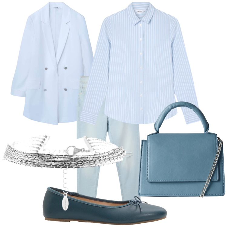 Outfit donna - Ufficio colorato di azzurro. Stile Bon Ton per Ufficio. Abbinamento con ballerine, jeans strappati, blazer, borse a tracolla, camicie, braccialetti.