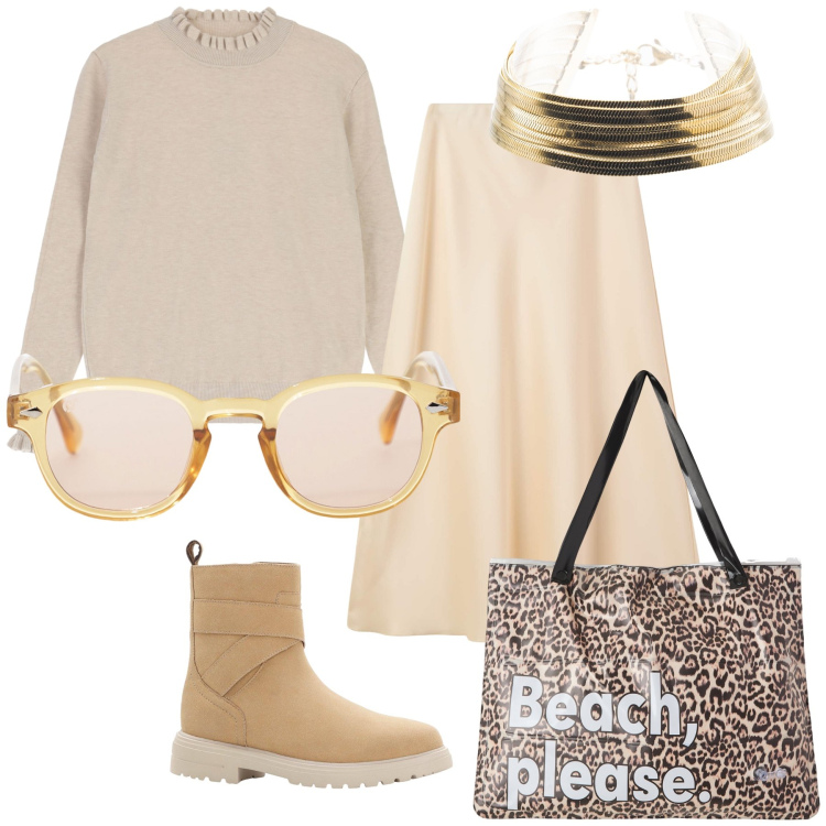 Outfit donna - Ancora la borsa estiva per sognare. Stile Trendy per Tutti i giorni. Abbinamento con stivaletti, gonne lunghe, borse tote, maglieria, occhiali da sole, braccialetti.