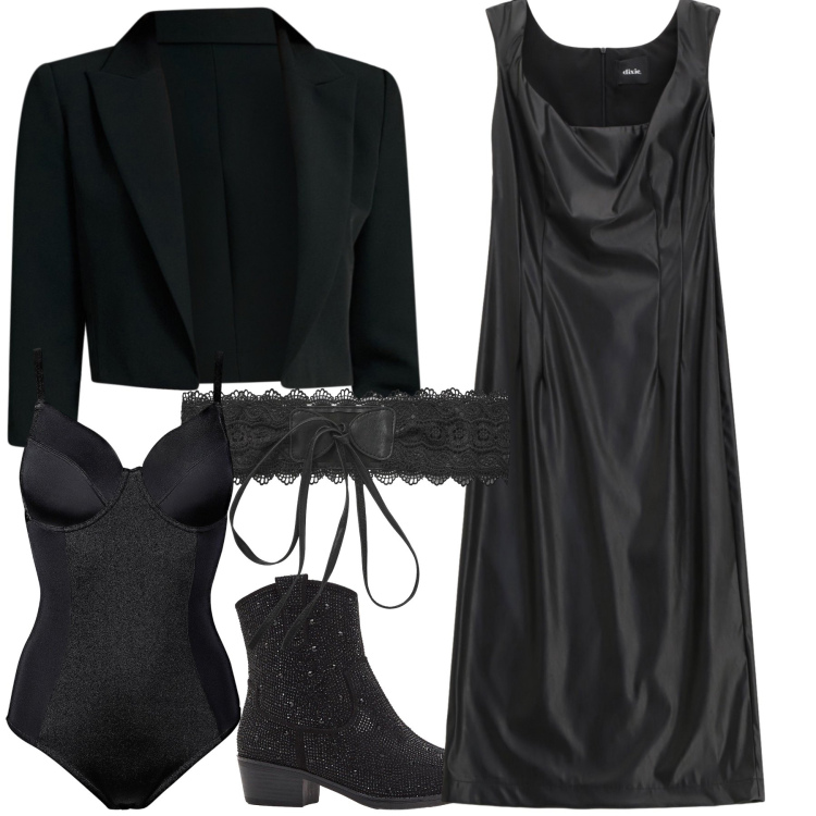 Outfit donna - In stivaletti ma luccicanti. Stile Glamour per Serata fuori. Abbinamento con body, stivaletti texani, cinture, bolero, vestiti midi/longuette.