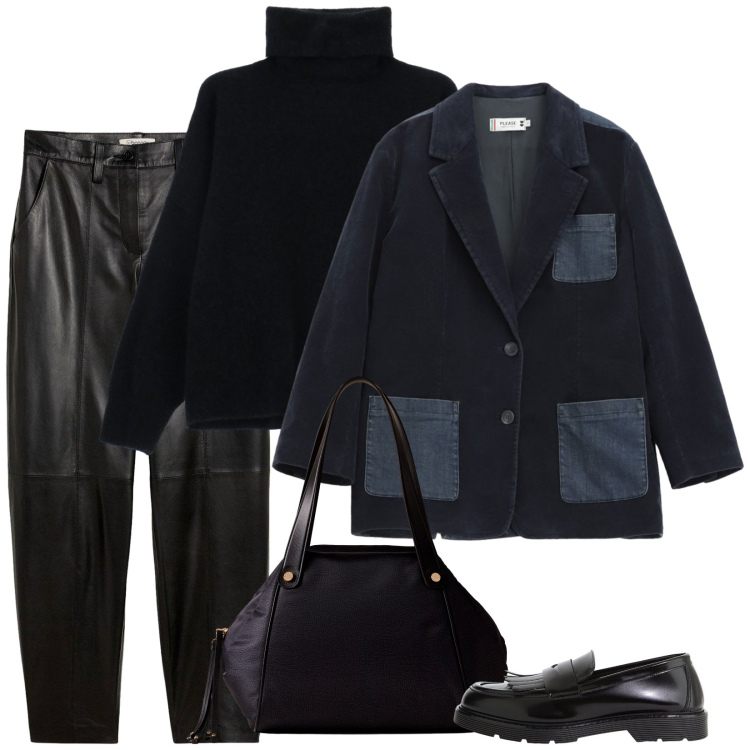 Outfit donna - Jeans nero e finta pelle. Stile Trendy per Scuola/Università. Abbinamento con pantaloni, blazer, mocassini, shopping bag, maglieria.