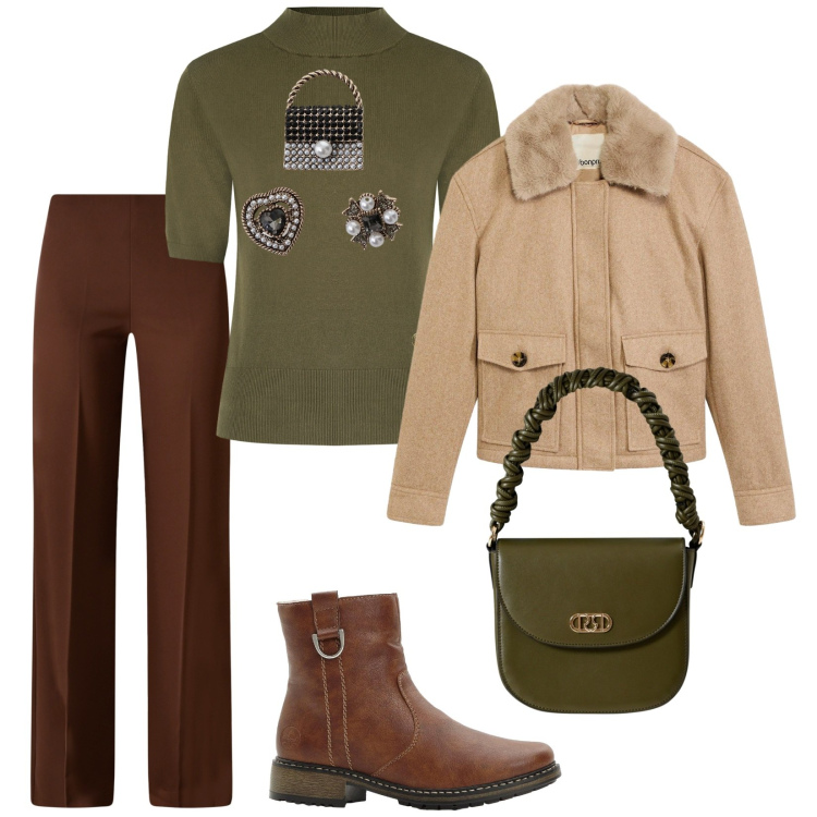 Outfit donna - Troppo vento. per Tutti i giorni. Abbinamento con stivaletti, piumini, pantaloni a palazzo, pullovers, borse a mano, accessori per capelli.