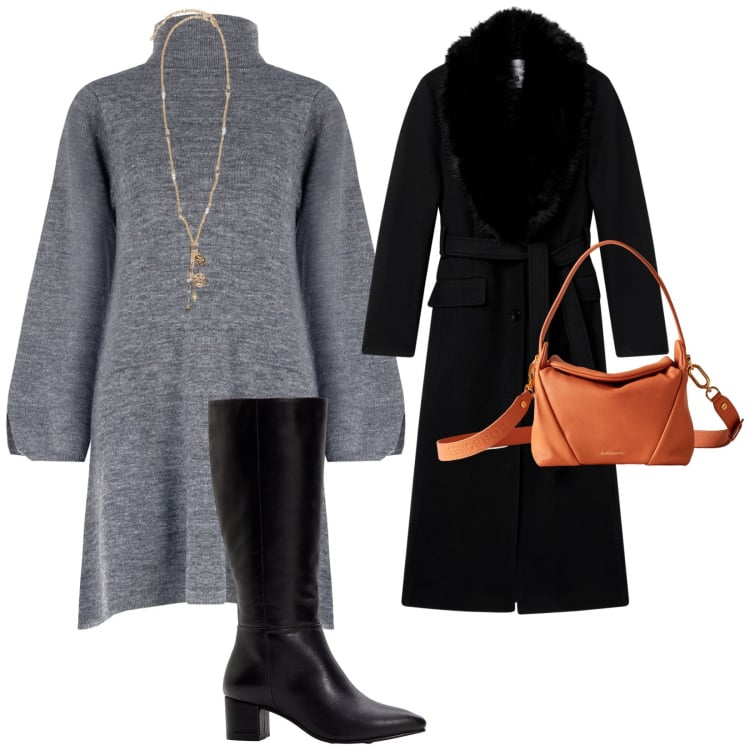 Outfit donna - La borsa arancione. per Tutti i giorni. Abbinamento con stivali, cappotti, vestiti corti, borse a spalla, ciondoli.