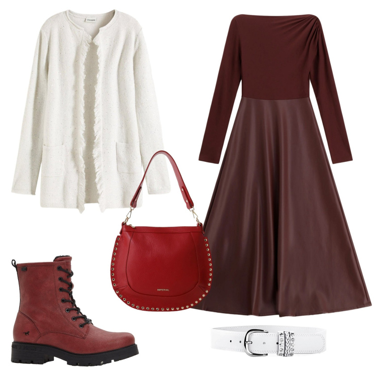 Outfit donna - Total look #2270549. Stile Casual chic per Ufficio. Abbinamento con cinture, stivaletti, cardigans, vestiti lunghi, borse a spalla.