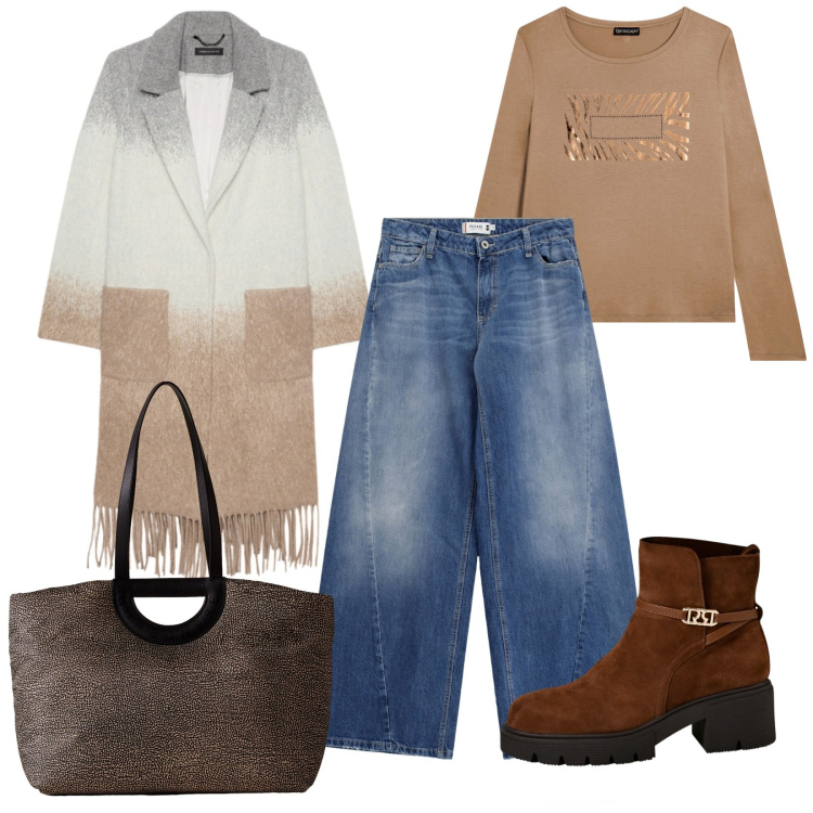 Outfit donna - In denim. per Tutti i giorni. Abbinamento con jeans, shopping bag, stivaletti, t-shirt, cappotti.
