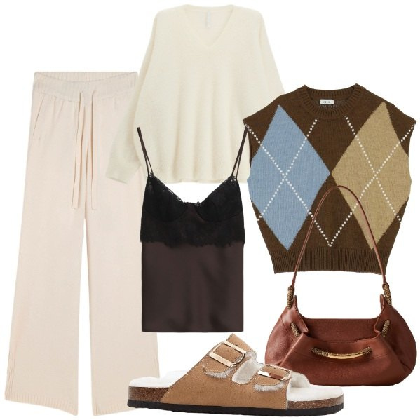 Outfit donna - Grandi losanghe. Stile Chic per Tutti i giorni. Abbinamento con pantofole, gilet, borse a spalla, maglieria, canottiere, pantaloni.
