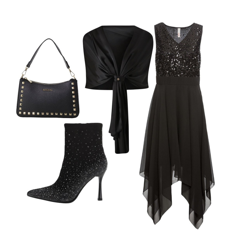 Outfit donna - Serata di Halloween. Stile Glamour per Serata fuori. Abbinamento con vestiti midi/longuette, scialli, pochette, stivaletti.