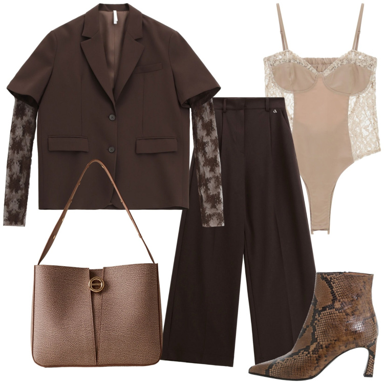 Outfit donna - Con le maniche rimovibili. Stile Glamour per Serata fuori. Abbinamento con borse a secchiello, blazer, body, stivaletti, pantaloni a palazzo.
