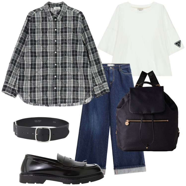 Outfit donna - In facoltà. Stile Casual per Scuola/Università. Abbinamento con jeans, mocassini, t-shirt, cinture, camicie, zaini.