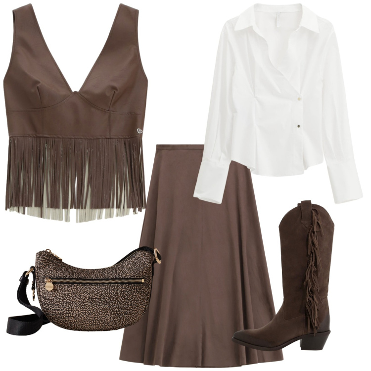 Outfit donna - Scioglievolezza. Stile Glamour per Serata fuori. Abbinamento con top, gonne longuette, stivali, borse a tracolla, camicie.