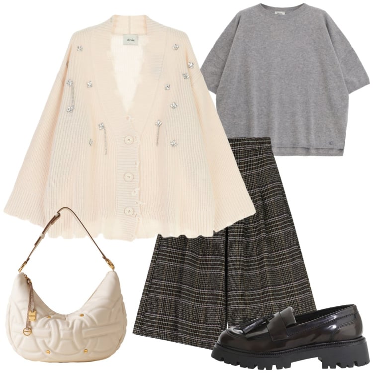 Outfit donna - Il Cardigan con ricamo e bottoni. Stile Casual per Tutti i giorni. Abbinamento con borse a spalla, pantaloni a palazzo, cardigans, mocassini, maglieria.