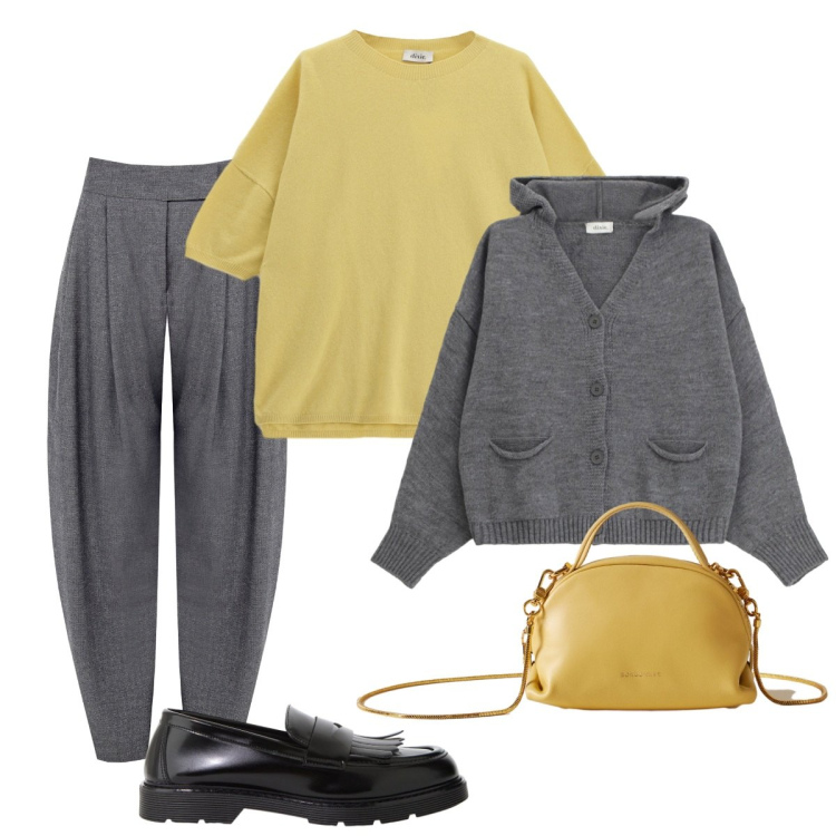 Outfit donna - Il cardigan col cappuccio. Stile Basic per Tutti i giorni. Abbinamento con mocassini, cardigans, maglieria, borse a mano, pantaloni.