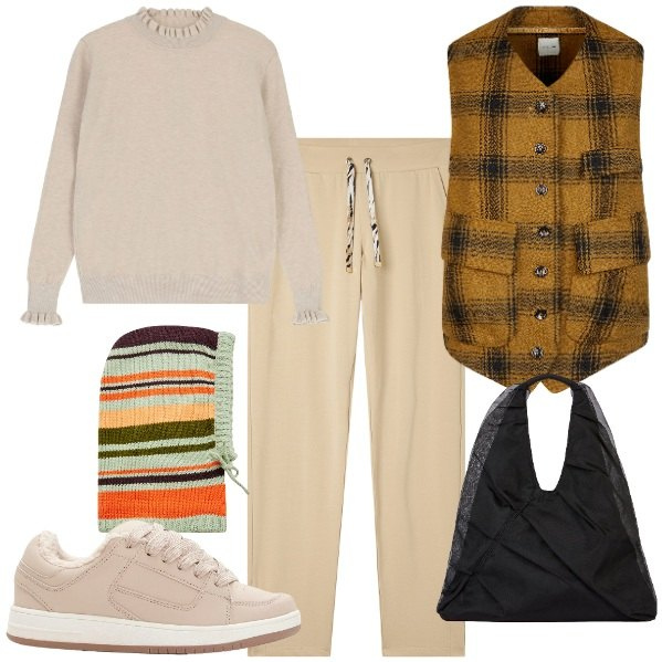 Outfit donna - passeggiata tra le foglie. Stile Sporty chic per Sport. Abbinamento con sneakers, cappelli, maglieria, pantaloni, gilet, shopping bag.