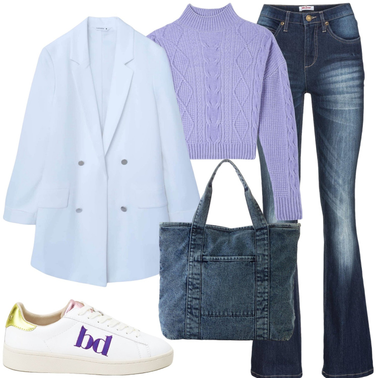 Outfit donna - Un tocco di viola. Stile Casual chic per Tutti i giorni. Abbinamento con jeans bootcut, shopping bag, blazer, maglieria, sneakers.