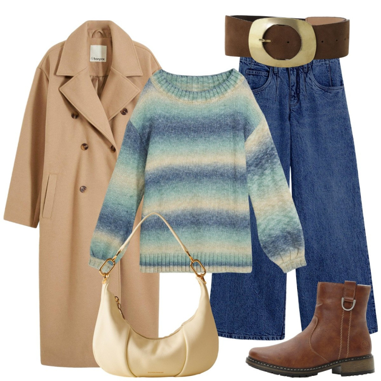 Outfit donna - Colazione al bar. Stile Basic per Tutti i giorni. Abbinamento con maglieria, jeans, stivaletti, cappotti, cinture, borse a spalla.