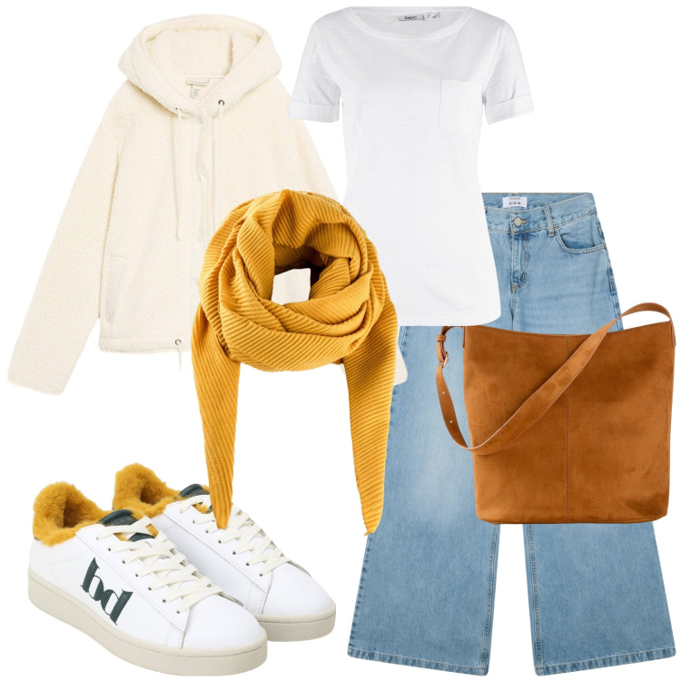 Outfit donna - Passeggiata al parco. Stile Casual chic per Tutti i giorni. Abbinamento con t-shirt, foulard, borse a mano, blazer, jeans, sneakers.