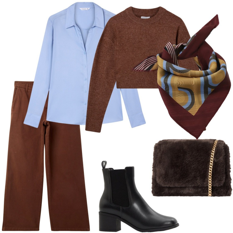 Outfit donna - Cioccolato &celeste. Stile Casual chic per Ufficio. Abbinamento con stivaletti, pantaloni, maglieria, camicie, borse a tracolla, foulard.