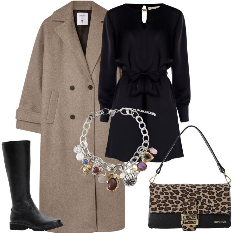 Outfit donna - Un borsa grintosa. Stile Casual chic per Tutti i giorni. Abbinamento con stivali, cappotti, vestiti corti, borse a spalla, braccialetti con ciondoli.
