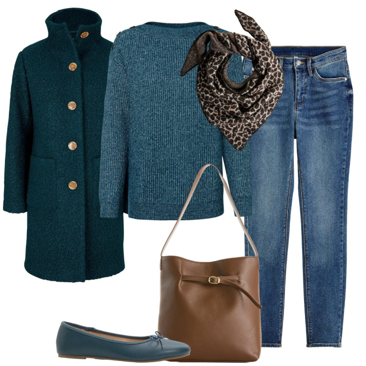 Outfit donna - Ufficio. Stile Basic per Ufficio. Abbinamento con cappotti, jeans skinny, maglieria, sciarpe, ballerine, borse a mano.