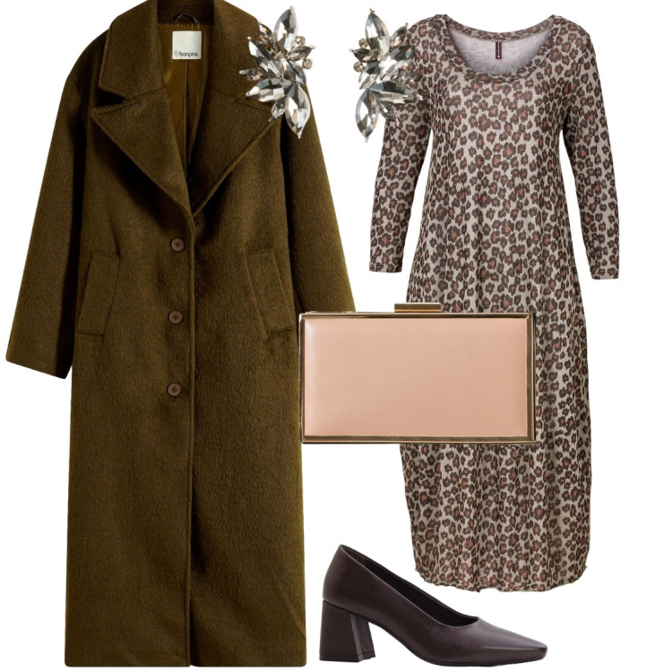 Outfit donna - Semplicemente chic. Stile Glamour per Serata fuori. Abbinamento con vestiti midi/longuette, décolleté, orecchini, cappotti, pochette.