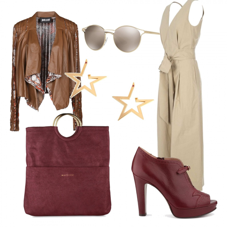 Outfit donna - I m trendy and chic. Abbinamento con giacca scollatura profonda a maniche lunghe interno sfoderato crêpe, occhiali da sole in montatura in metallo, orecchini con strass e farfallina in ottone oro, tuta scollatura con zip elasticizzato beige, tronchetti brogue con tacco alto e cinturino open toe bordeaux, clutch con zip interno foderato.