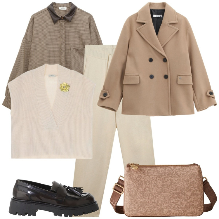 Outfit donna - Camicia e gilet. Stile Basic per Tutti i giorni. Abbinamento con cappotti, maglieria, mocassini, camicie, borse a tracolla, pantaloni.